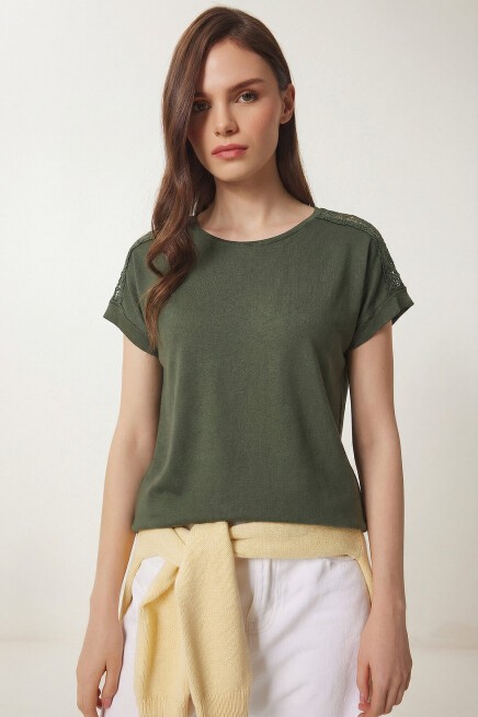 Güpür Detaylı Viskon T-shirt HAKİ LRN0006