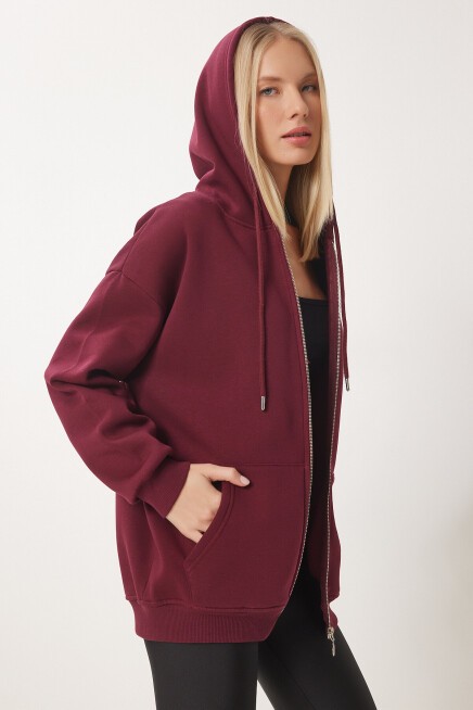 Kapüşonlu Fermuarlı Oversize Şardonlu Örme  Sweatshirt BORDO LUB0002