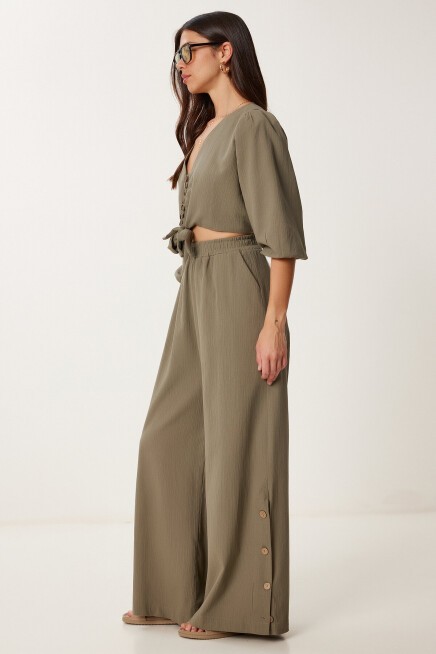 Keten Crop Bluz Pantolon Takım HAKİ LRV0107