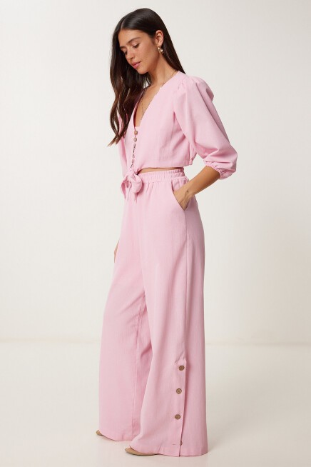 Keten Crop Bluz Pantolon Takım ŞEKER PEMBE LRV0107