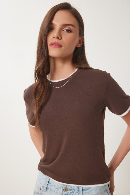 Kontrast Şerit Detaylı Örme T-shirt KAHVERENGİ KEMİK LUS0111