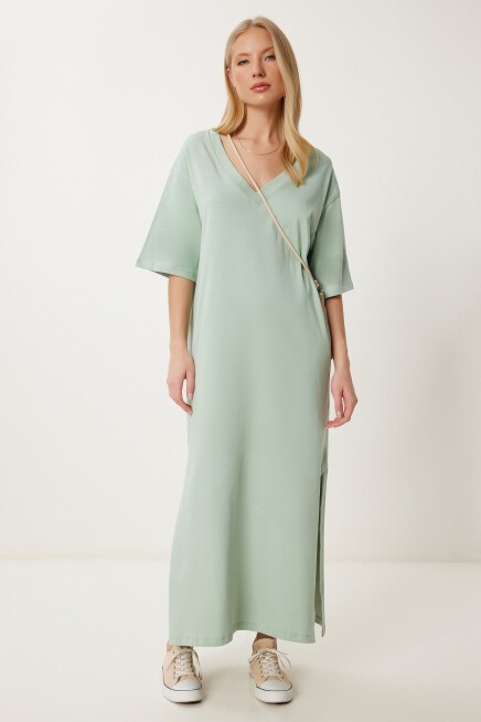 Oversize Basic Yazlık Esnek Örme Elbise ÇAĞLA YEŞİLİ LUB0113