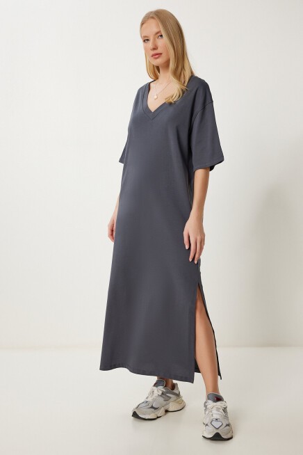 Oversize Basic Yazlık Esnek Örme Elbise FÜME LUB0113