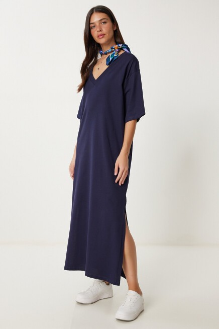 Oversize Basic Yazlık Esnek Örme Elbise LACİVERT LUB0113