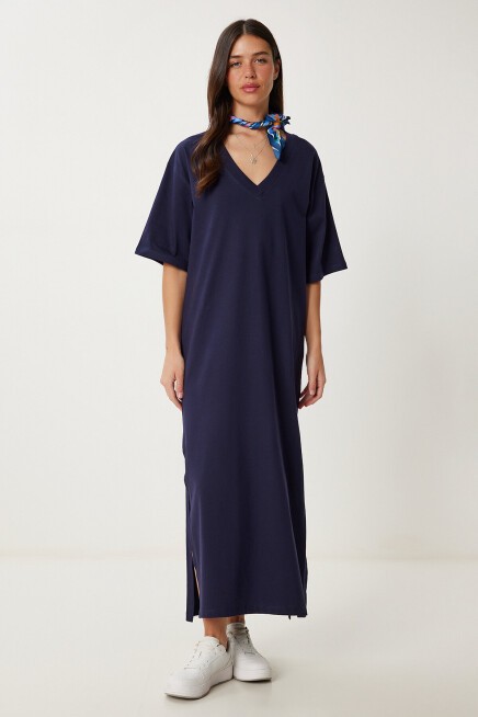 Oversize Basic Yazlık Esnek Örme Elbise LACİVERT LUB0113