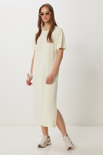 Oversize Basic Yazlık Örme Elbise SARI LUB0082