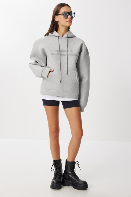 Oversize Kapüşonlu Baskılı Scuba Sweatshirt GRİ MELANJ LUB0291