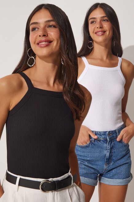 2li Fitilli Crop Halter Yaka Örme Atlet SİYAH BEYAZ LZV0003