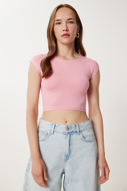2’li Paket Basic Crop Örme Bluz PEMBE SARI LZV0017
