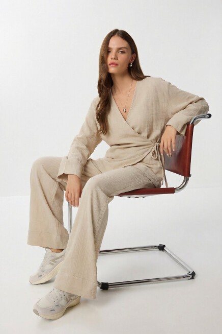 Bağlama Detaylı Müslin Kimono Takım BEJ LZH0020