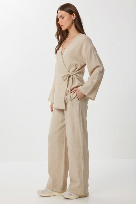 Bağlama Detaylı Müslin Kimono Takım BEJ LZH0020