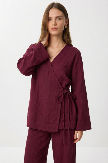 Bağlama Detaylı Müslin Kimono Takım BORDO LZH0020
