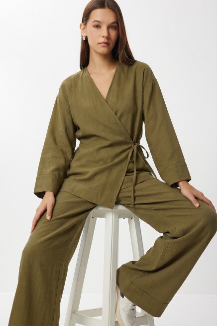 Bağlama Detaylı Müslin Kimono Takım HAKİ LZH0020