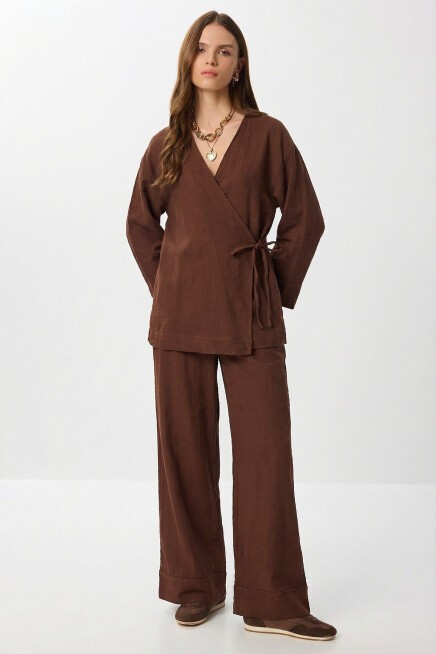 Bağlama Detaylı Müslin Kimono Takım KAHVERENGİ LZH0020