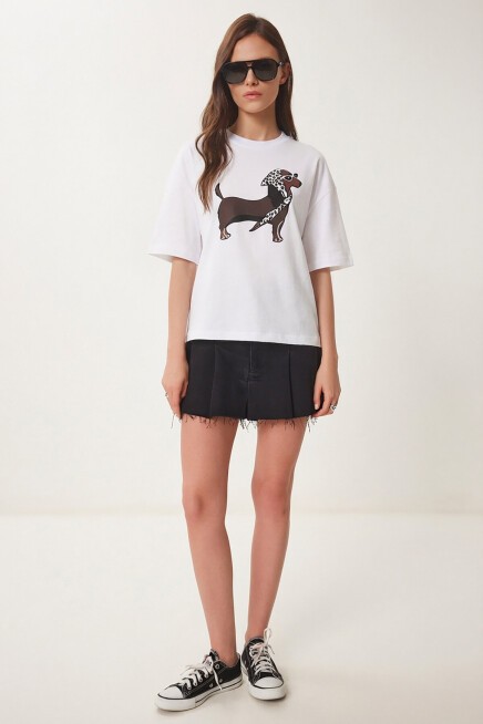 Baskılı Oversize Örme T-shirt BEYAZ LZV0062