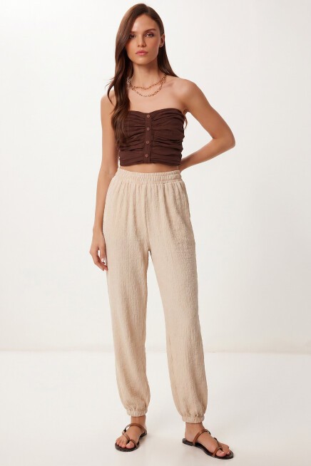 Cepli Rahat Krinkıl Şalvar Pantolon KREM LFW0024