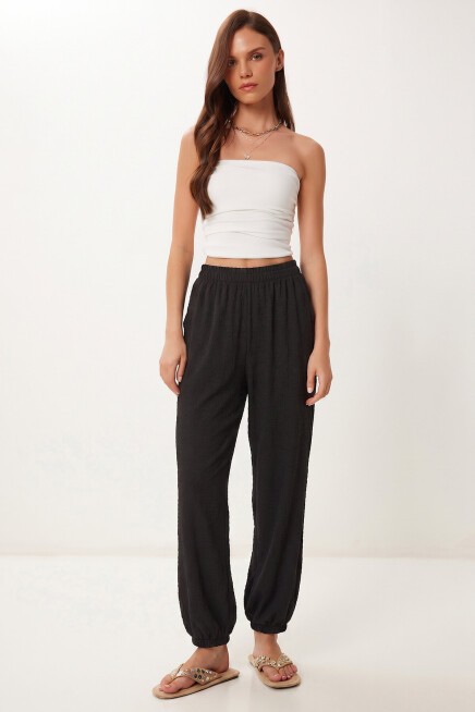 Cepli Rahat Krinkıl Şalvar Pantolon SİYAH LFW0024