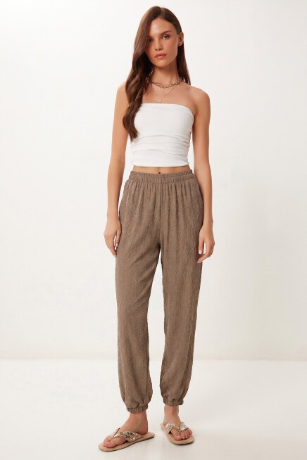 Cepli Rahat Krinkıl Şalvar Pantolon VİZON LFW0024