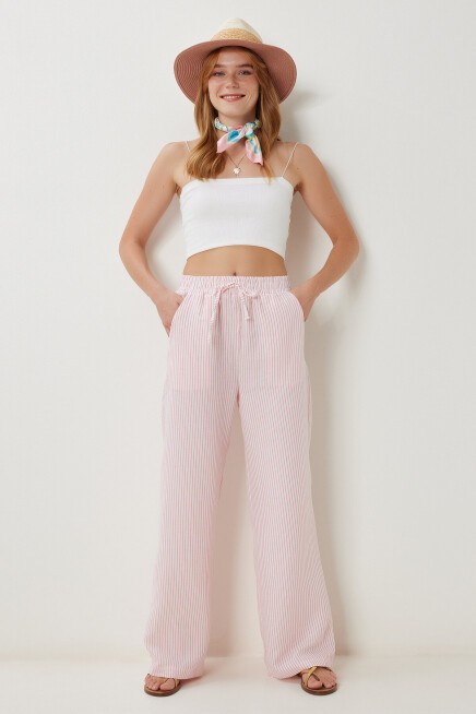 Çizgili Cepli Müslin Pantolon PEMBE KEMİK LYY0110