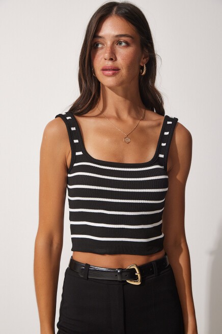 Çizgili Crop Triko Bluz SİYAH LYY0009