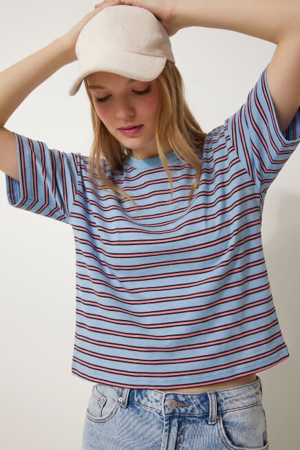 Çizgili Oversize Örme T-shirt MAVİ LCR0124