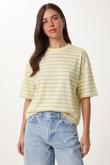 Çizgili Oversize Örme T-shirt SARI LCR0124