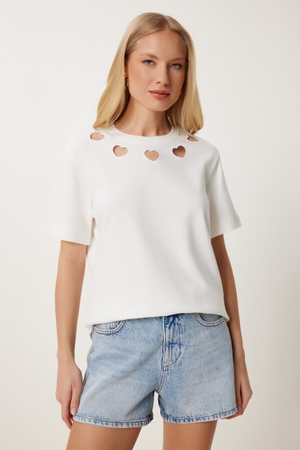 Cut Out Detaylı Pamuklu Örme T-shirt KEMİK LUS0155