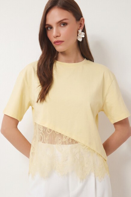 Dantel Detaylı Oversize Örme T-shirt SARI LCR0125
