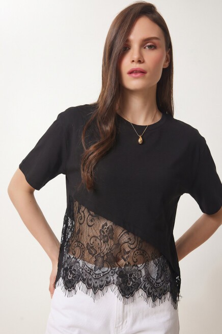 Dantel Detaylı Oversize Örme T-shirt SİYAH LCR0125