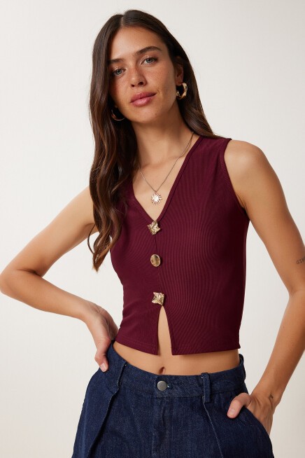 Dore Düğmeli Fitilli Örme Crop Bluz BORDO LZV0012
