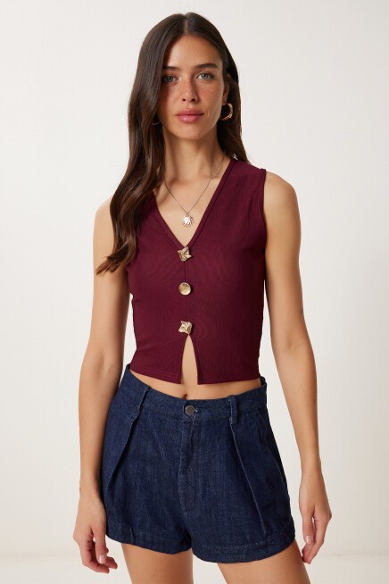 Dore Düğmeli Fitilli Örme Crop Bluz BORDO LZV0012