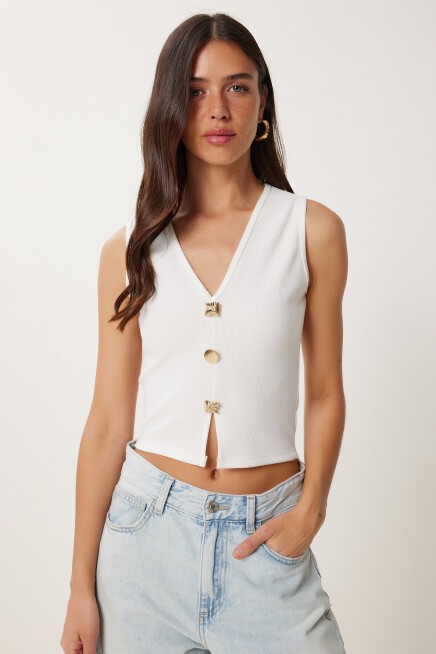 Dore Düğmeli Fitilli Örme Crop Bluz EKRU LZV0012