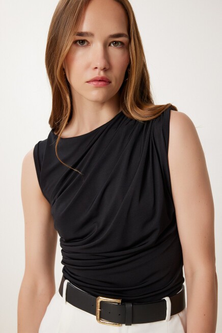 Drapeli Sandy Örme Bluz SİYAH LZV0013