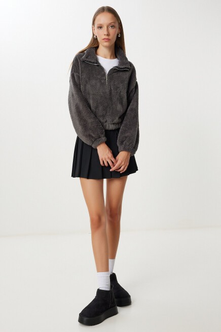 Fermuarlı Peluş Sweatshirt ANTRASİT LZV0019