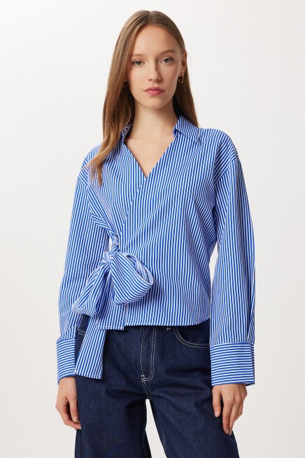 Gömlek Yaka Çizgili Anvelop Poplin Bluz MAVİ BEYAZ LZV0041