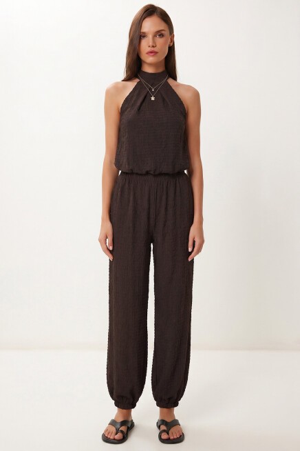 Halter Yaka Bluz Pantolon Krinkıl Takım KAHVERENGİ LFW0027