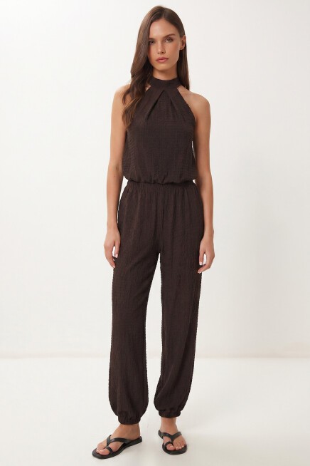 Halter Yaka Bluz Pantolon Krinkıl Takım KAHVERENGİ LFW0027