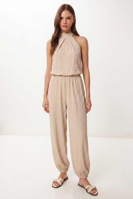 Halter Yaka Bluz Pantolon Krinkıl Takım KREM LFW0027