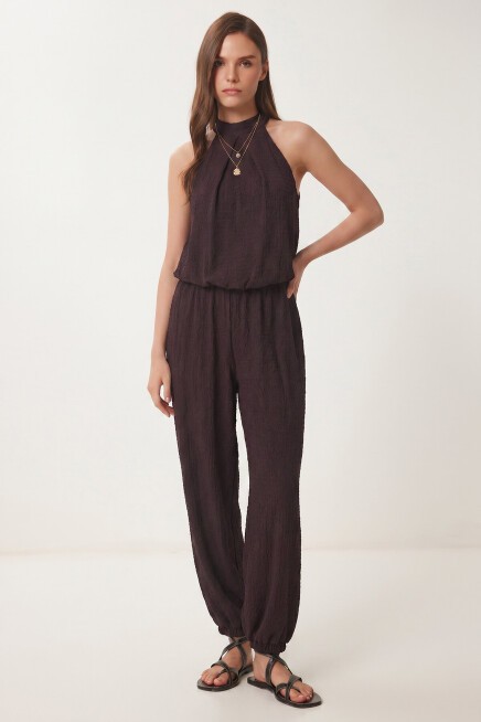 Halter Yaka Bluz Pantolon Krinkıl Takım MÜRDÜM LFW0027