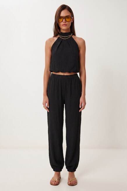 Halter Yaka Bluz Pantolon Krinkıl Takım SİYAH LFW0027