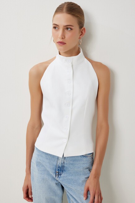 Halter Yaka Dokuma Yelek EKRU LYY0096