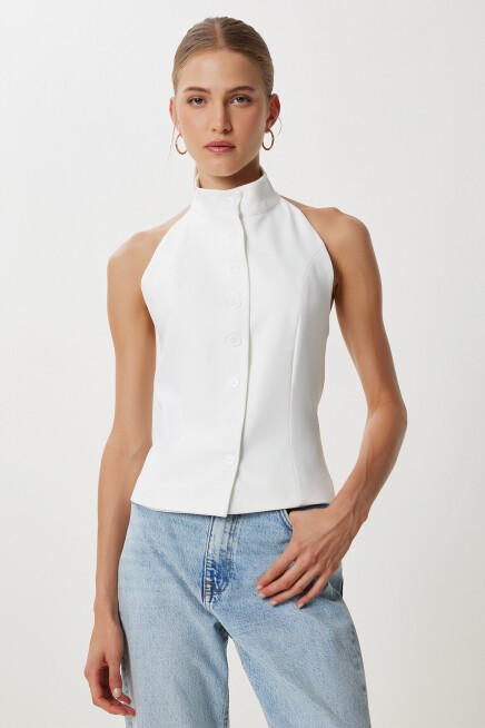 Halter Yaka Dokuma Yelek EKRU LYY0096