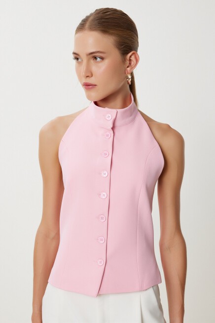 Halter Yaka Dokuma Yelek PEMBE LYY0096