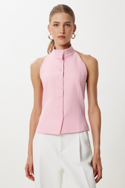 Halter Yaka Dokuma Yelek PEMBE LYY0096