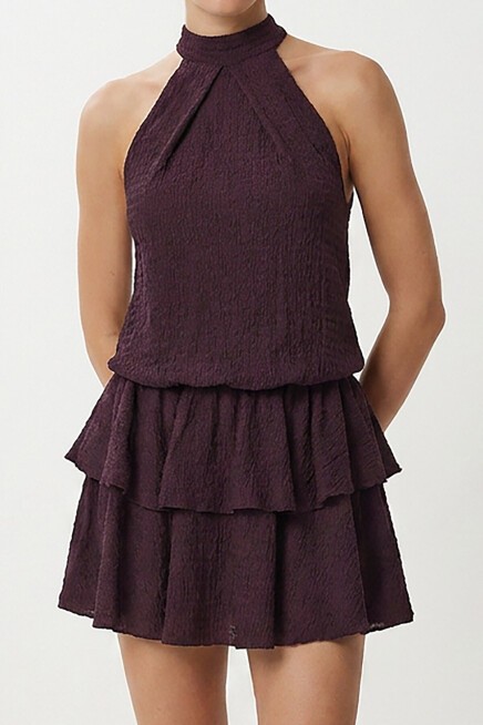 Halter Yaka Katlı Mini Krinkıl Örme Elbise MÜRDÜM LFW0022