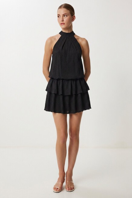 Halter Yaka Katlı Mini Krinkıl Örme Elbise SİYAH LFW0022