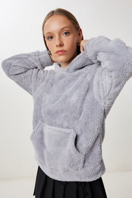 Kapüşonlu Cepli Peluş Sweatshirt GRİ LZV0020