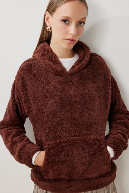 Kapüşonlu Cepli Peluş Sweatshirt KAHVERENGİ LZV0020