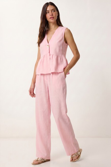 Keten Bluz Pantolon Takım ŞEKER PEMBE LAZ0009