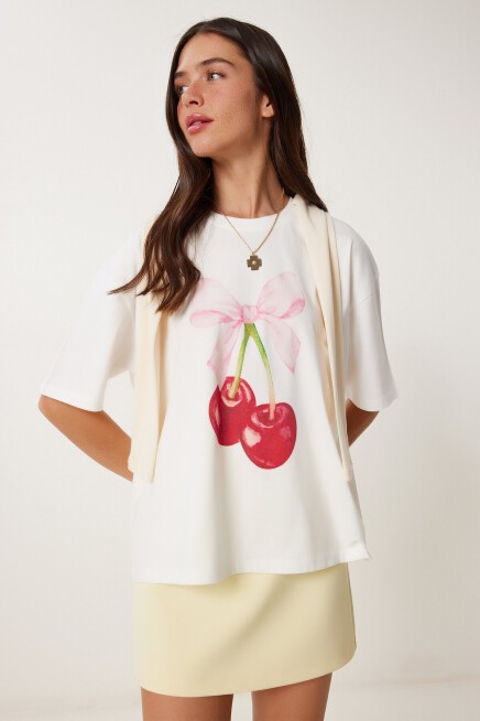 Kiraz Baskılı Pamuklu Örme T-shirt KEMİK LUS0157